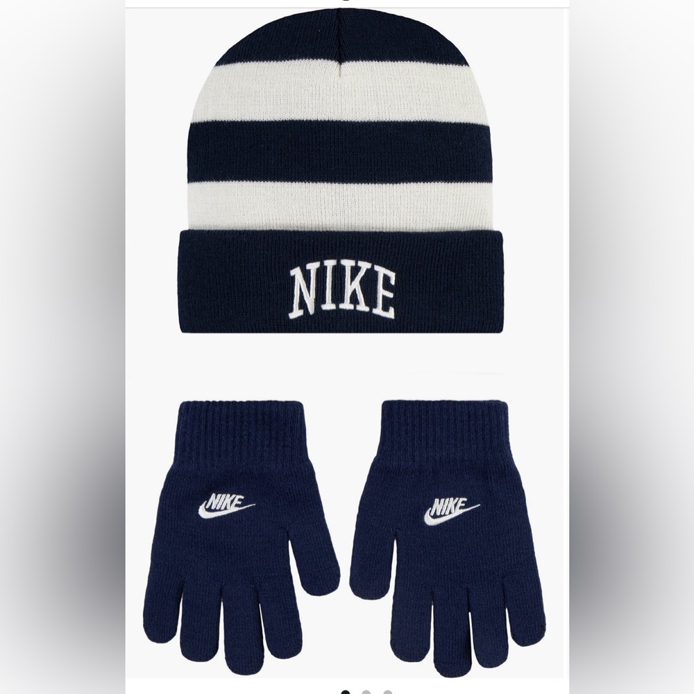 Nike Chunky Stripe Beanie and Gloves in Midnight Navy and White
